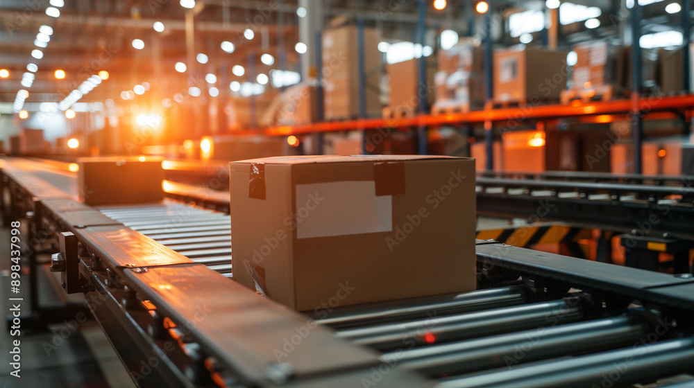 packages on conveyor belt in warehouse packages on conveyor belt in warehouse