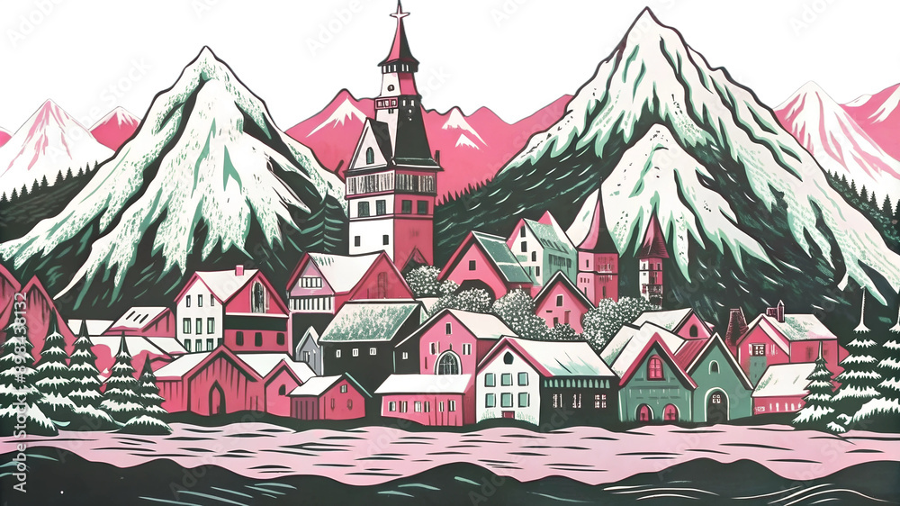 Fototapeta premium color engraving of colorful village in European-style amidst snowy mountains,color engraving,modern,European,snowy mountains,postcard,greeting card,card,colorful village,winter