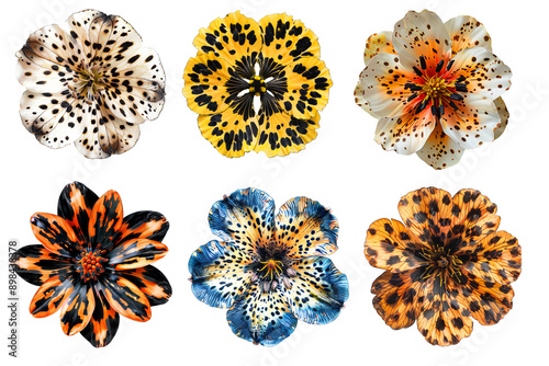 Set of creative animal print flowers on isolated background.