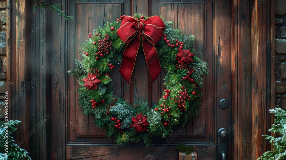 Festive christmas wreath with a red bow is hanging on a rustic wooden front door, bringing holiday cheer Festive christmas wreath with a red bow is hanging on a rustic wooden front door, bringing holiday cheer