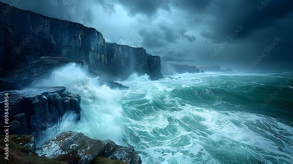 Dramatic coastal cliffs, turbulent ocean waves, rugged rocky shoreline, stormy sky, ominous dark clouds, moody seascape, crashing surf, jagged rock formations. Dramatic coastal cliffs, turbulent ocean waves, rugged rocky shoreline, stormy sky, ominous dark clouds, moody seascape, crashing surf, jagged rock formations.