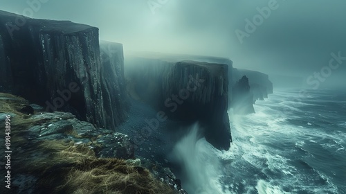 Dramatic coastal cliffs, turbulent ocean waves, rugged rocky shoreline, stormy sky, ominous dark clouds, moody seascape, crashing surf, jagged rock formations.