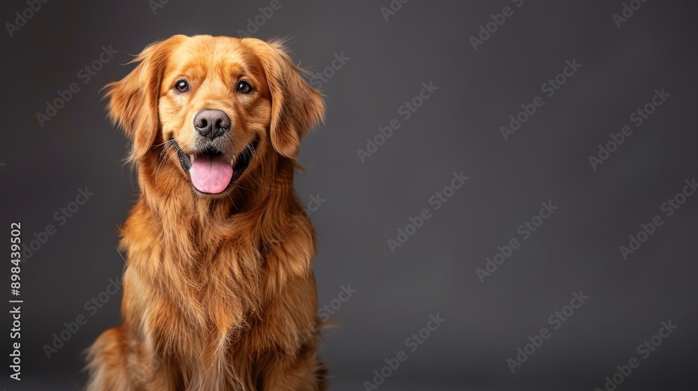 Golden retriever sitting and panting with its mouth open on a gray background Golden retriever sitting and panting with its mouth open on a gray background