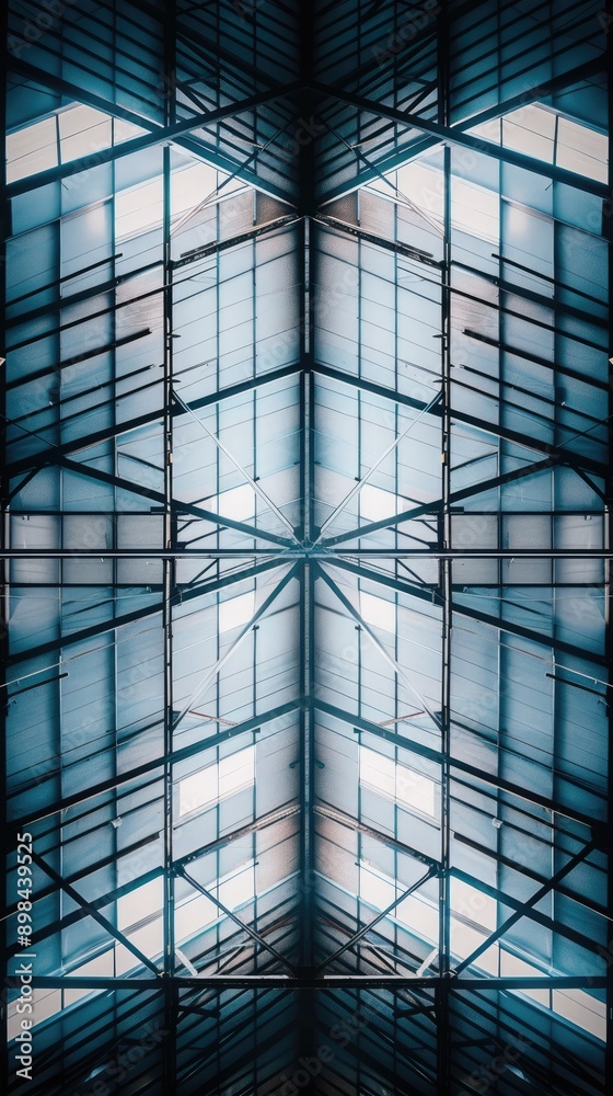 A view of a modern glass skylight with geometric metal framing, showing natural light coming through the ceiling A view of a modern glass skylight with geometric metal framing, showing natural light coming through the ceiling