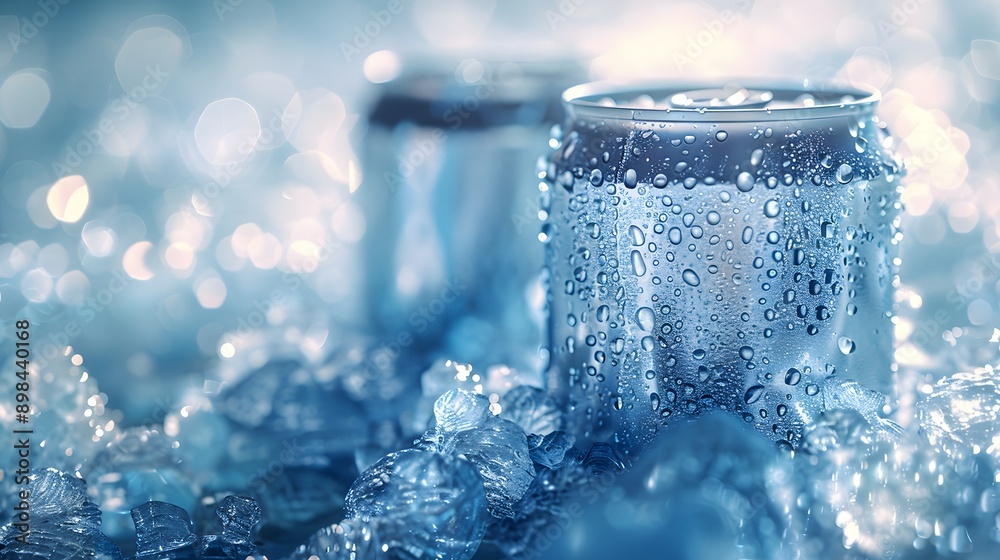 Frosty beverage cans, crushed ice background, translucent ice cubes, refreshing cold drinks, aluminum soda cans, crystalline ice texture, blue tones. Frosty beverage cans, crushed ice background, translucent ice cubes, refreshing cold drinks, aluminum soda cans, crystalline ice texture, blue tones.