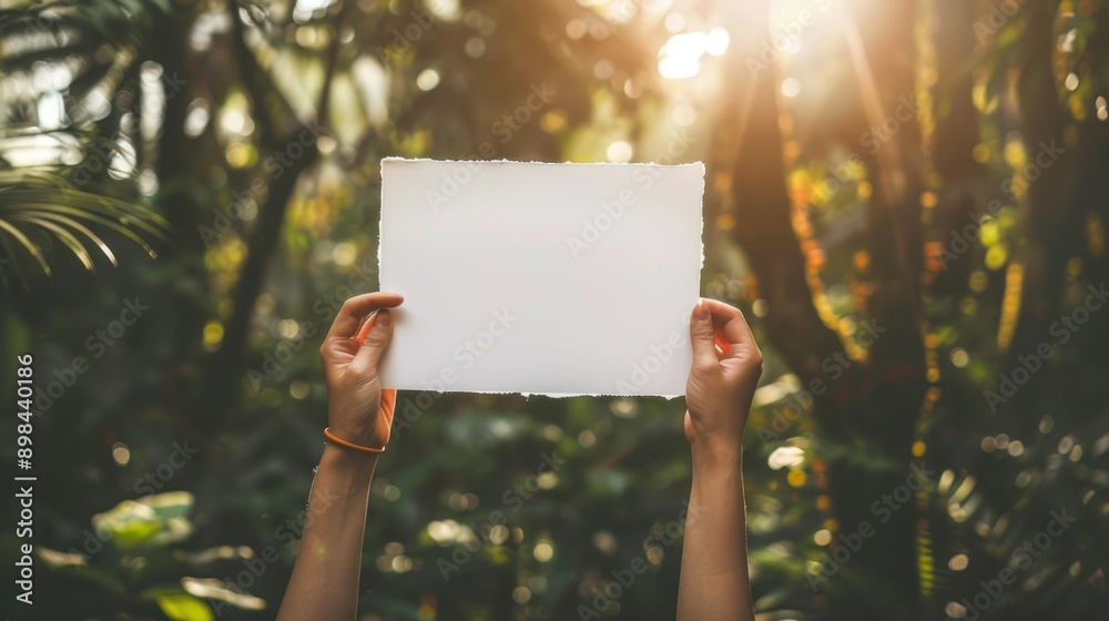 hand woman holding a white blank board on blur nature background hand woman holding a white blank board on blur nature background