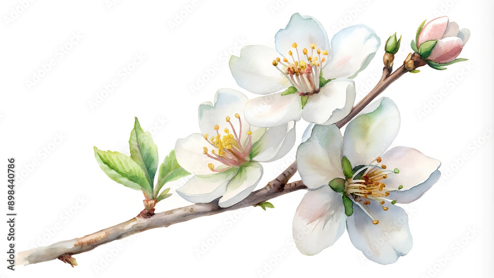 Obraz premium White flowers on a branch isolated on a white background, watercolor