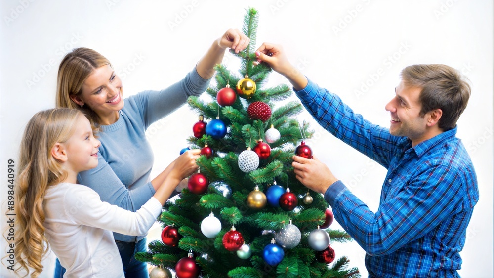 Happy Family Decorating Christmas Tree Together. Isolated on a white background Happy Family Decorating Christmas Tree Together. Isolated on a white background
