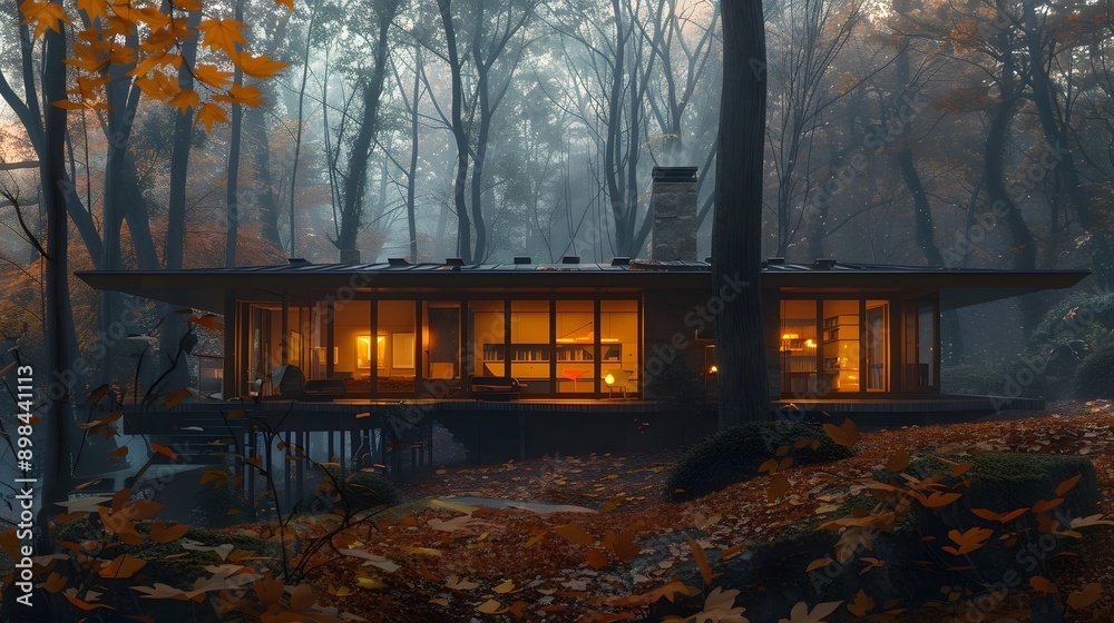 A modern cabin nestled in a serene forest, surrounded by autumn foliage and bathed in warm evening light, evokes a cozy and tranquil atmosphere. A modern cabin nestled in a serene forest, surrounded by autumn foliage and bathed in warm evening light, evokes a cozy and tranquil atmosphere.
