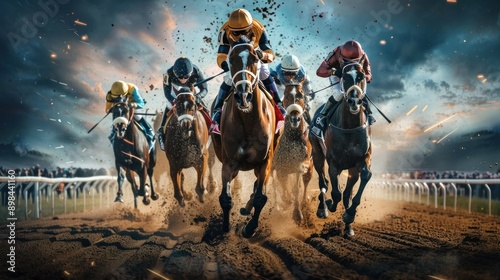 Horse racing front view, Jockeys and horses fight to take the lead in the last curve, horse racing poster, gambling, betting concept