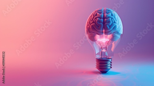 Human brain inside the electric light bulb isolated on pastel background, Creative thinking, inspiration. Innovation, innovative technology, idea, Problem solving concept, copy space for text