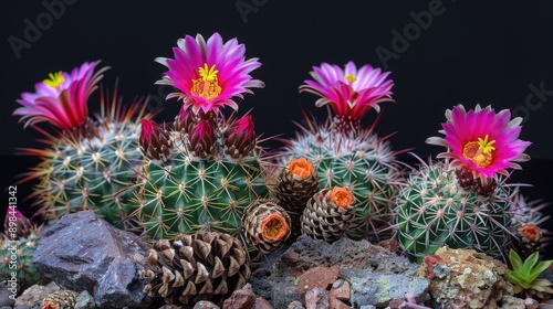 Mamillaria bocasana cactus with pine cones and vibrant blooms