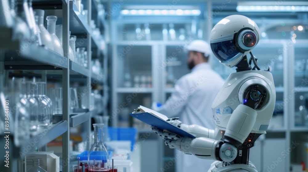 Humanoid robot works in the laboratory with micro precision, holding an open notebook and taking notes on glassware. A scientist in a white lab coat with a blue clipboard stands behind. Humanoid robot works in the laboratory with micro precision, holding an open notebook and taking notes on glassware. A scientist in a white lab coat with a blue clipboard stands behind.