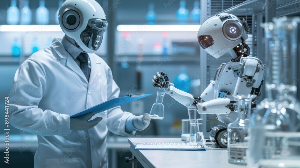 Humanoid robot works in the laboratory with micro precision, holding an open notebook and taking notes on glassware. A scientist in a white lab coat with a blue clipboard stands behind. Humanoid robot works in the laboratory with micro precision, holding an open notebook and taking notes on glassware. A scientist in a white lab coat with a blue clipboard stands behind.