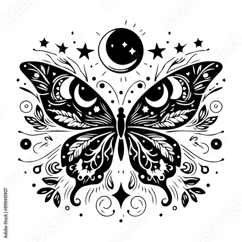 Bohemian Celestial  butterfly tattoo, Silhouette Mystical occult symbols moth illustration.