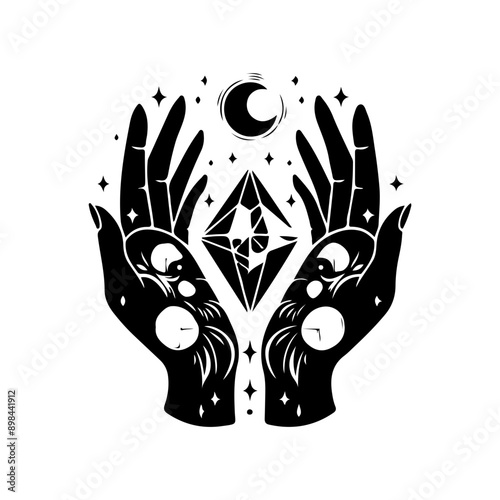 Magic crystal gem with crescent moon and stars in witch hands of fortune teller line art and dot work. Boho chic tattoo, poster or altar veil print design vector illustration