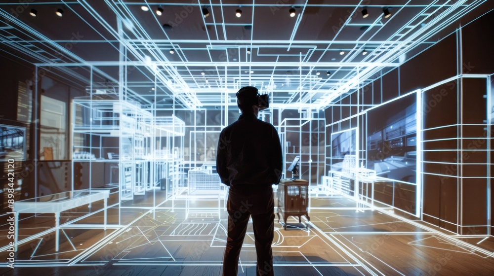 Obraz premium Innovative architect crafts virtual reality Building construction room, furniture designs cutting edge computer aided architecture, redefining interior spaces intricate plans on the digital screen