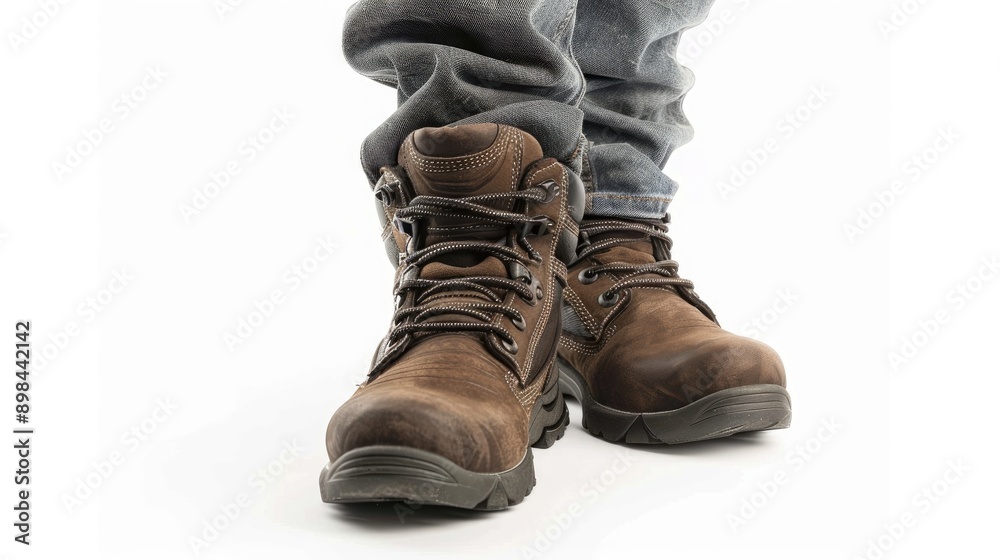 Male legs wearing safety shoes on white background viewed from the right Male legs wearing safety shoes on white background viewed from the right