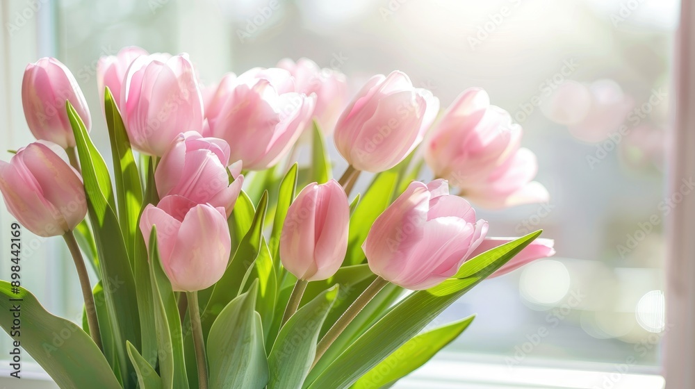 Many pink tulips in bright room close up Many pink tulips in bright room close up