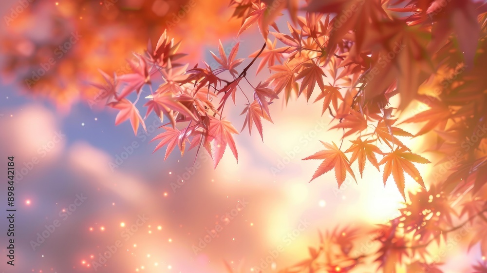 Maple leaves in Kyoto against sky backdrop Soft Focus and Backlit Maple leaves in Kyoto against sky backdrop Soft Focus and Backlit