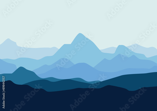 mountain landscape vector illustration in flat design with blue color tone.