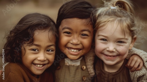 Three happy children with different skin tones, smiling brightly
