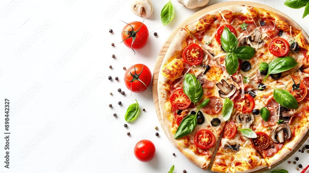 Italian cuisine, menu, and recipe Homemade meat, cheese, vegetables, etc. It adds flavor and moisture to the pizza. isolated on a white or transparent background, top view Italian cuisine, menu, and recipe Homemade meat, cheese, vegetables, etc. It adds flavor and moisture to the pizza. isolated on a white or transparent background, top view
