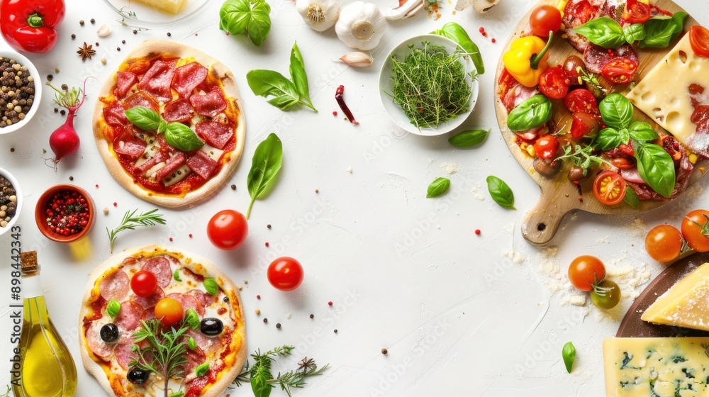 Italian cuisine, menu, and recipe Homemade meat, cheese, vegetables, etc. It adds flavor and moisture to the pizza. isolated on a white or transparent background, top view Italian cuisine, menu, and recipe Homemade meat, cheese, vegetables, etc. It adds flavor and moisture to the pizza. isolated on a white or transparent background, top view