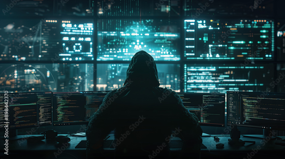 A hacker in a hoodie committing cybercrimes. Many monitors in front of him, ambient light in the room