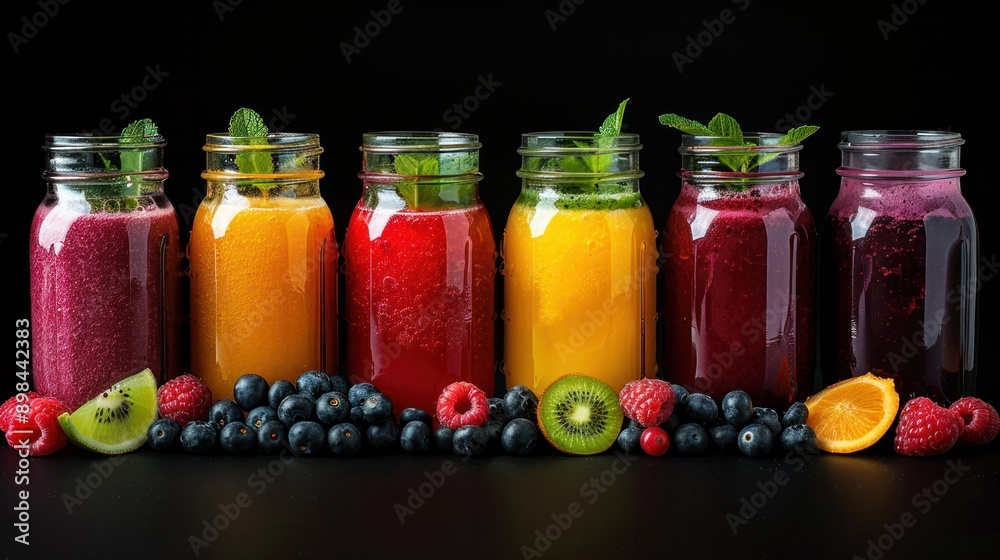 Jar of fresh smoothies from different berries on black background. Fruit juice in glass. Diet, nutrition, healthy lifestyle, healthy food for breakfast and snack concept Jar of fresh smoothies from different berries on black background. Fruit juice in glass. Diet, nutrition, healthy lifestyle, healthy food for breakfast and snack concept