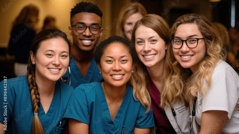 Fototapeta premium Diverse Group of Nursing Students: Asian, White, and Black Wearing Scrubs and Stethoscopes