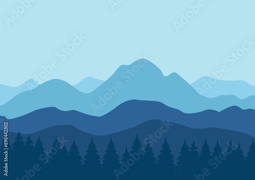 mountain and pine forest panorama vector illustration in flat design.