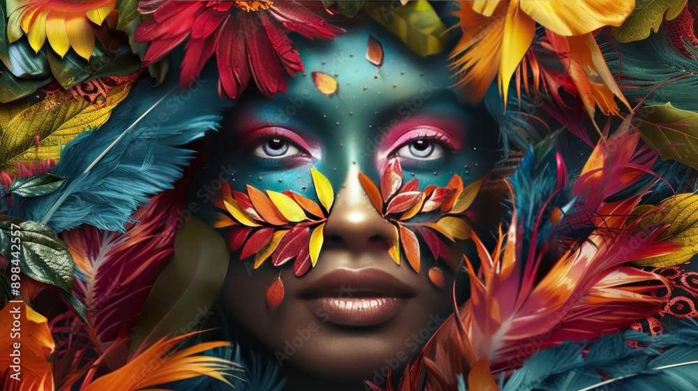 Jungle Jazz Muse Illustration of a woman's face decorated with leaves, flowers and feathers. Bright and artistic. The woman has a confident and expressive look. AI-generated. Creative art style. Jungle Jazz Muse Illustration of a woman's face decorated with leaves, flowers and feathers. Bright and artistic. The woman has a confident and expressive look. AI-generated. Creative art style.