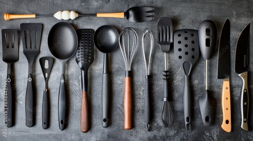 Kitchen utensils neatly arranged on a countertop for cooking, spatulas, whisks Kitchen utensils neatly arranged on a countertop for cooking, spatulas, whisks