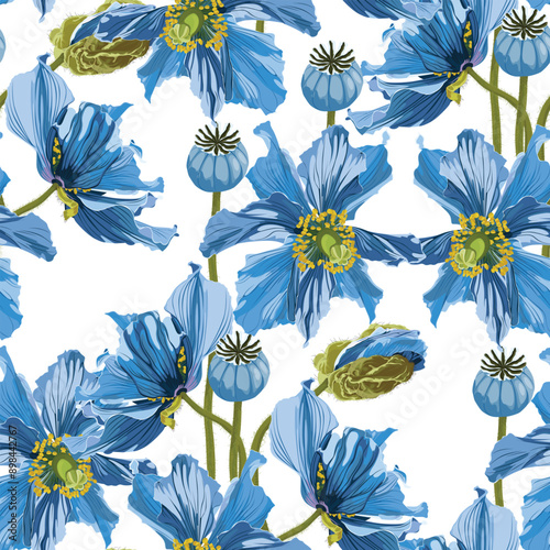 Seamless pattern with blue poppy flowers on a white background with sequins. Hand drawn sketch. Template for floral textile design, paper, wallpaper, web.