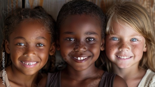 Three happy children with different skin tones, smiling together