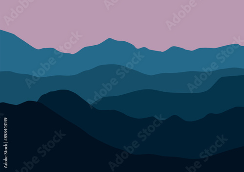 mountain landscape vector illustration in flat design with blue color tone.