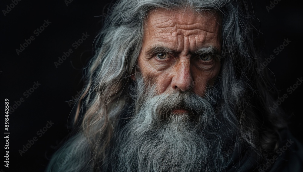 Close-Up of Bearded Man with Long Grey Hair and Moustache. Generative ai Close-Up of Bearded Man with Long Grey Hair and Moustache. Generative ai