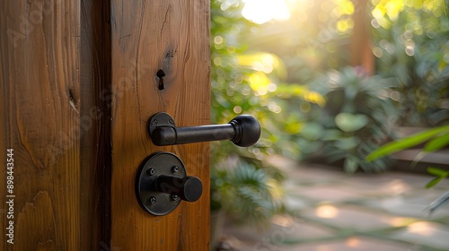 Solid wood door, rustic wooden texture, modern black door handle, close-up shot, keyhole detail, sleek hardware design, warm wood grain, contemporary home entrance.