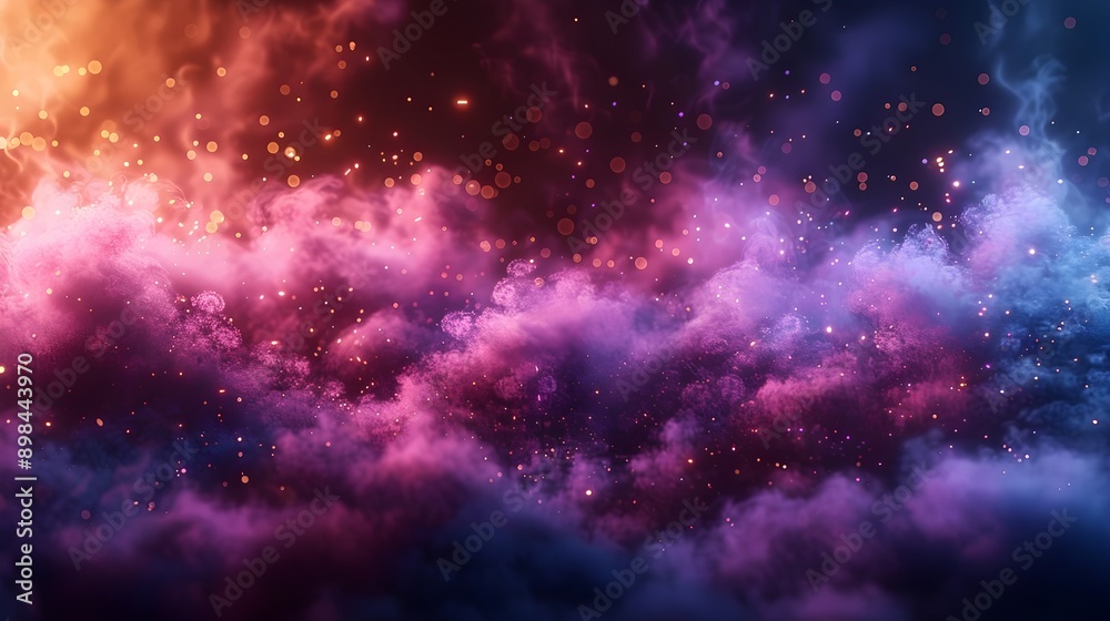 Obraz premium Cosmic nebula with vibrant orange, pink, and purple hues, illuminated by scattered glowing particles, creating a mystical and ethereal atmosphere in the vast expanse of space.