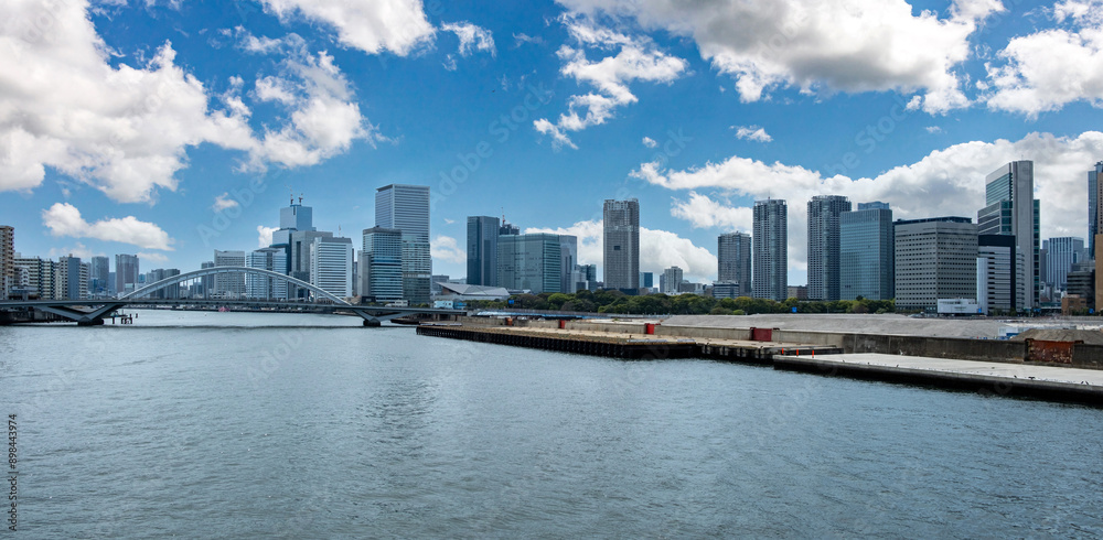 Tokyo city skyline, waterfront skyscrapers against blue sky, Japan capital cityscape Tokyo city skyline, waterfront skyscrapers against blue sky, Japan capital cityscape