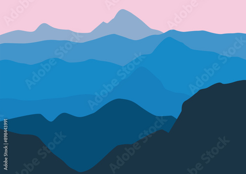 mountain landscape vector illustration in flat design with blue color tone.