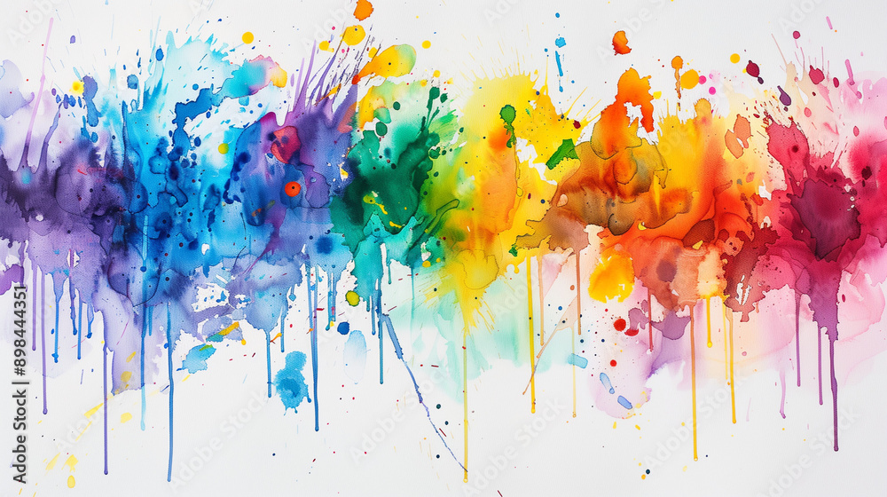 Fototapeta premium Colorful Abstract Watercolor Splash Painting on White Canvas, Featuring Vivid Rainbow Colors and Dynamic Brush Strokes