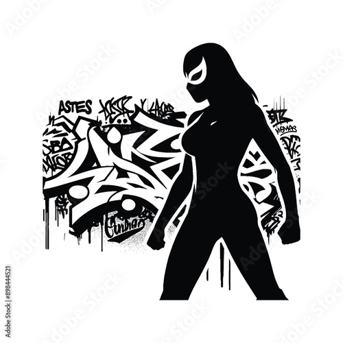 Wrestling  female player in graffiti tags, street art pattern illustration, emblem shield badge