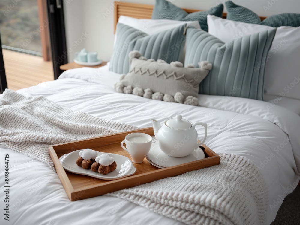 Hotel room with a neatly made bed, plush duvet, and a breakfast tray, perfect for a staycation, hotel, relaxing staycation