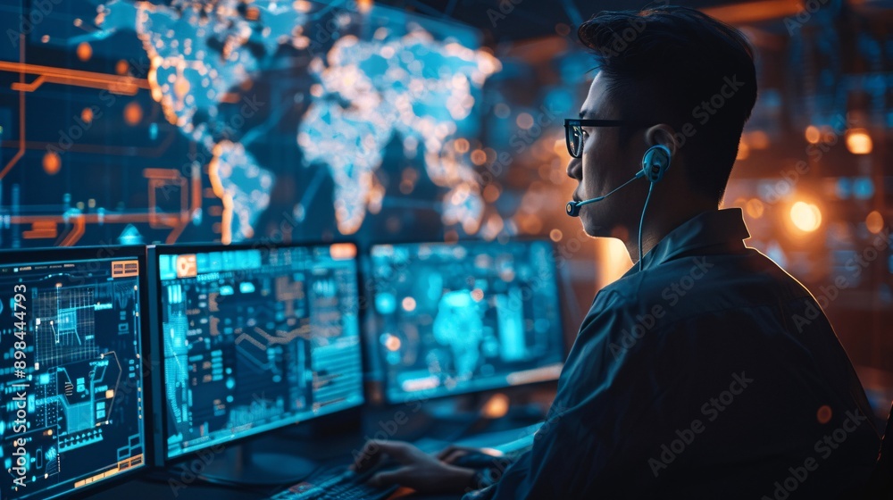Transportation and delivery monitor room. Tracking AI and automatic robotic for transport packages in delivery business. Transportation and delivery monitor room. Tracking AI and automatic robotic for transport packages in delivery business.