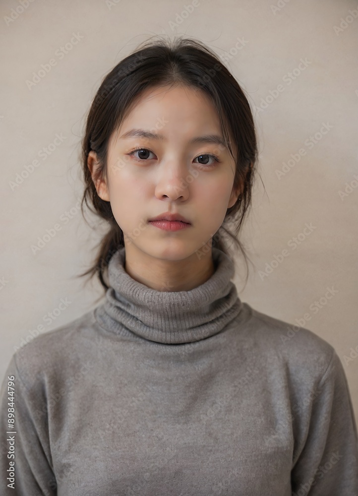asian model)Woman in charcoal gray turtleneck sweater, studio setting asian model)Woman in charcoal gray turtleneck sweater, studio setting