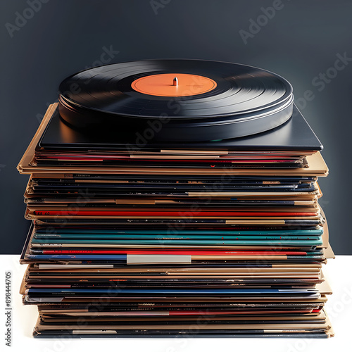 Stack of vinyl records with a turntable on top photo