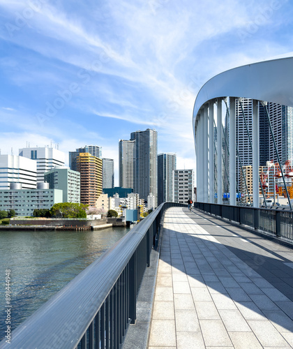 Tokyo city waterfront skyscrapers, Japan capital cityscape view from a bridge