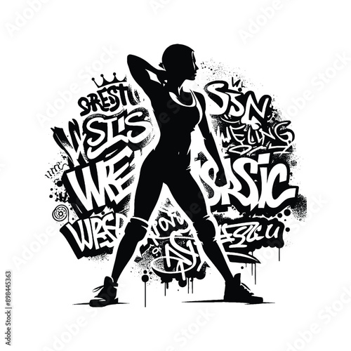 Wrestling  female player in graffiti tags, street art pattern illustration, emblem shield badge